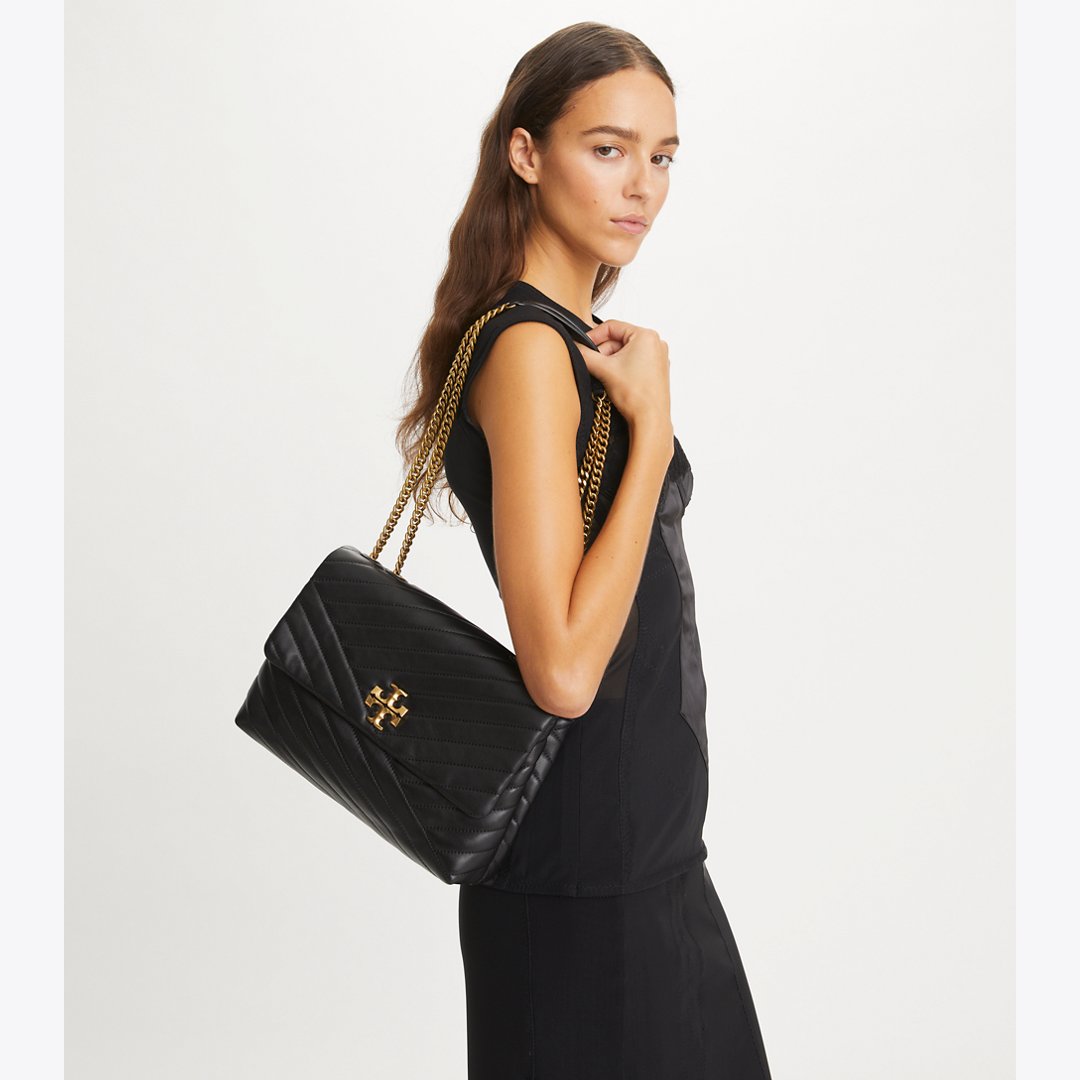 Tory Burch Kira Chevron Shoulder Bag Black / Rolled Brass