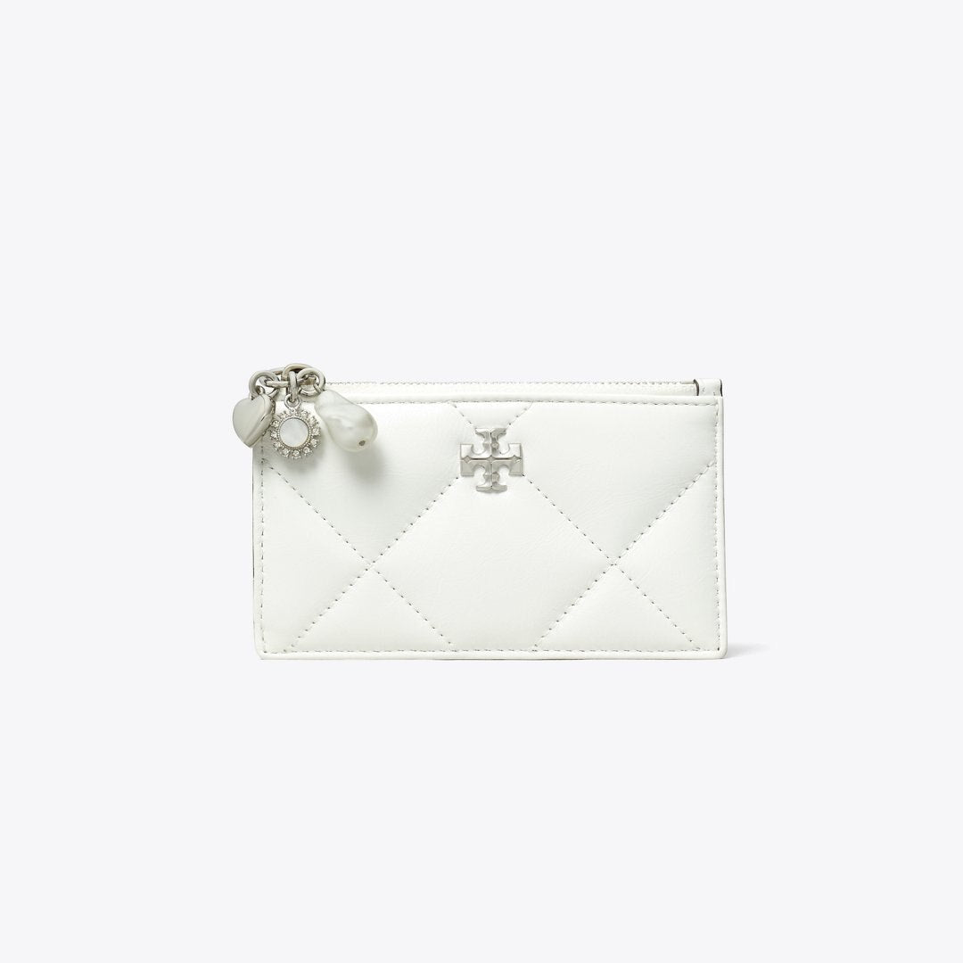 Tory Burch Kira Diamond Quilt Distressed Charm Zip Card Case Blanc