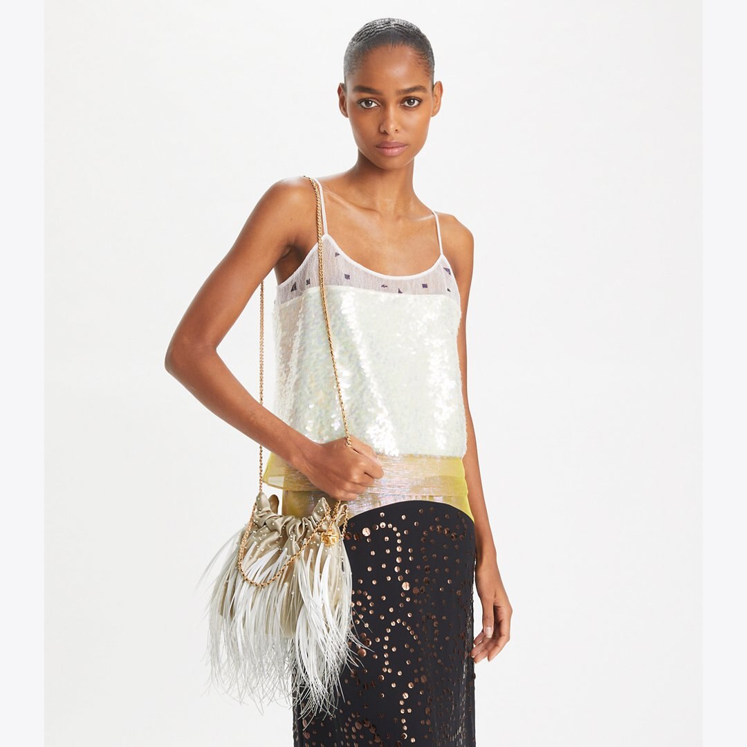 Tory Burch Mini Fleming Feather Hobo Bag Stone