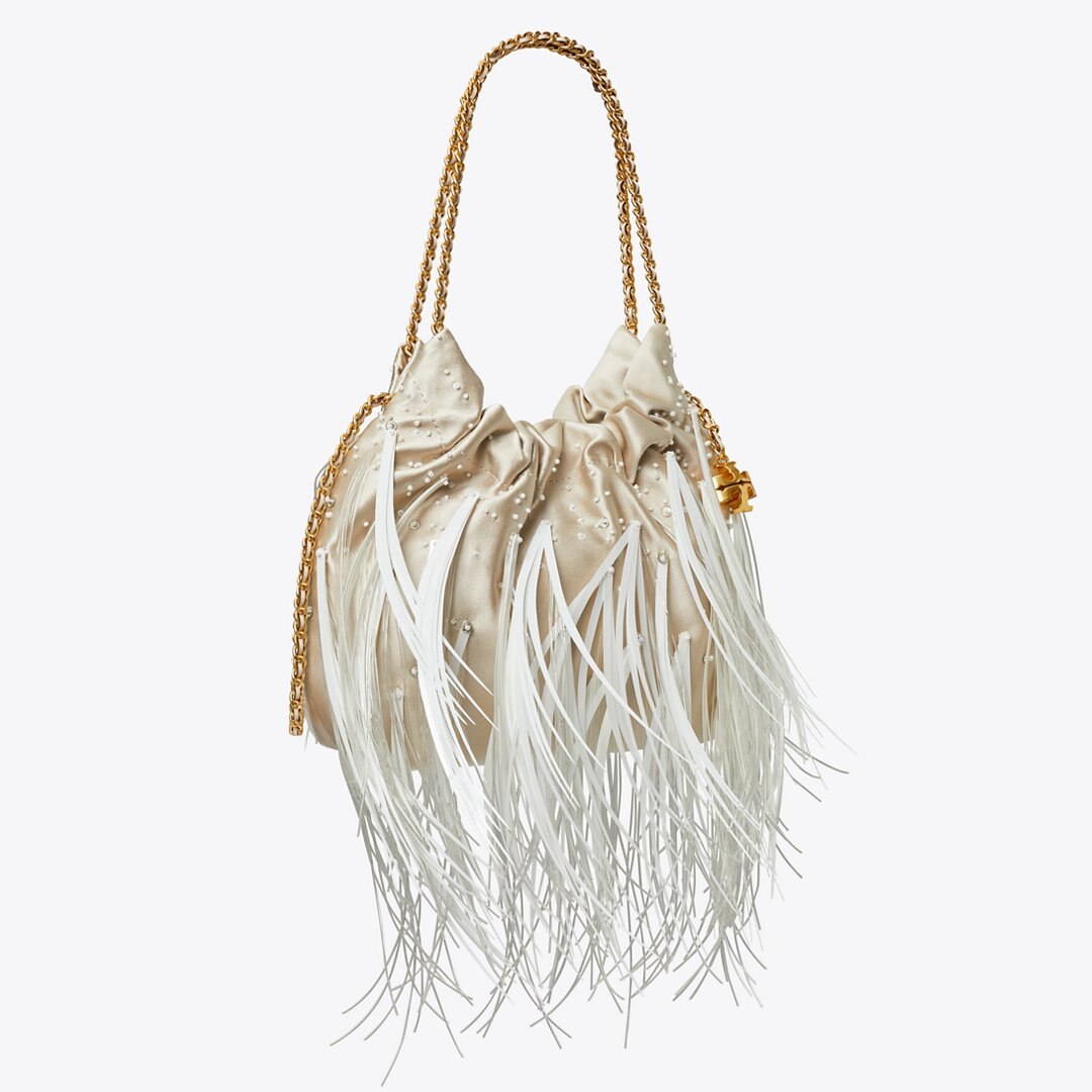 Tory Burch Mini Fleming Feather Hobo Bag Stone