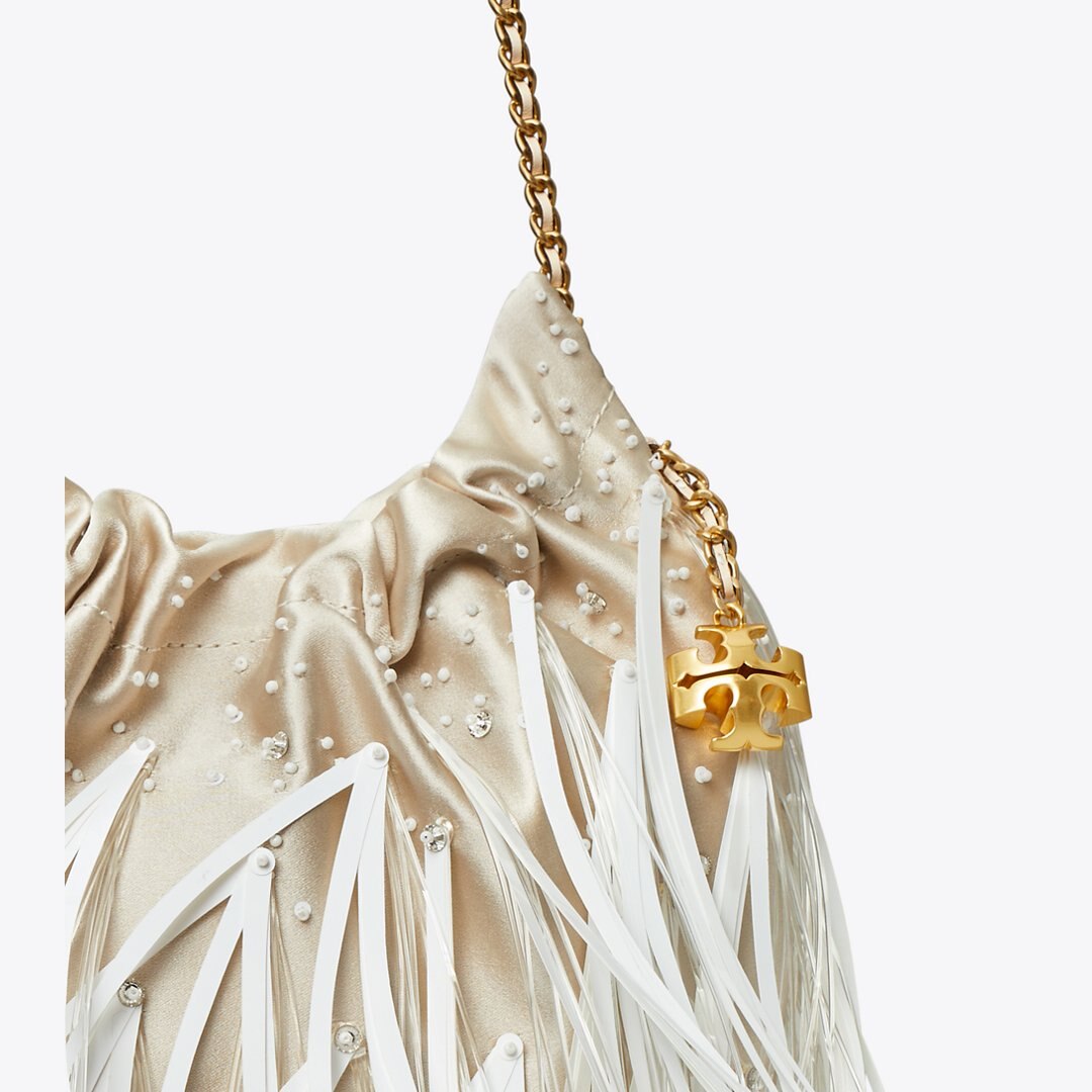 Tory Burch Mini Fleming Feather Hobo Bag Stone