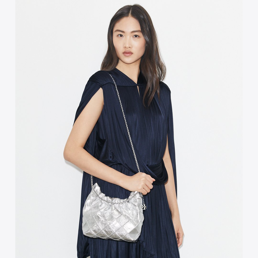 Tory Burch Mini Fleming Metallic Hobo Bag Silver