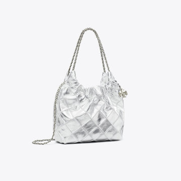 Tory Burch Mini Fleming Metallic Hobo Bag Silver