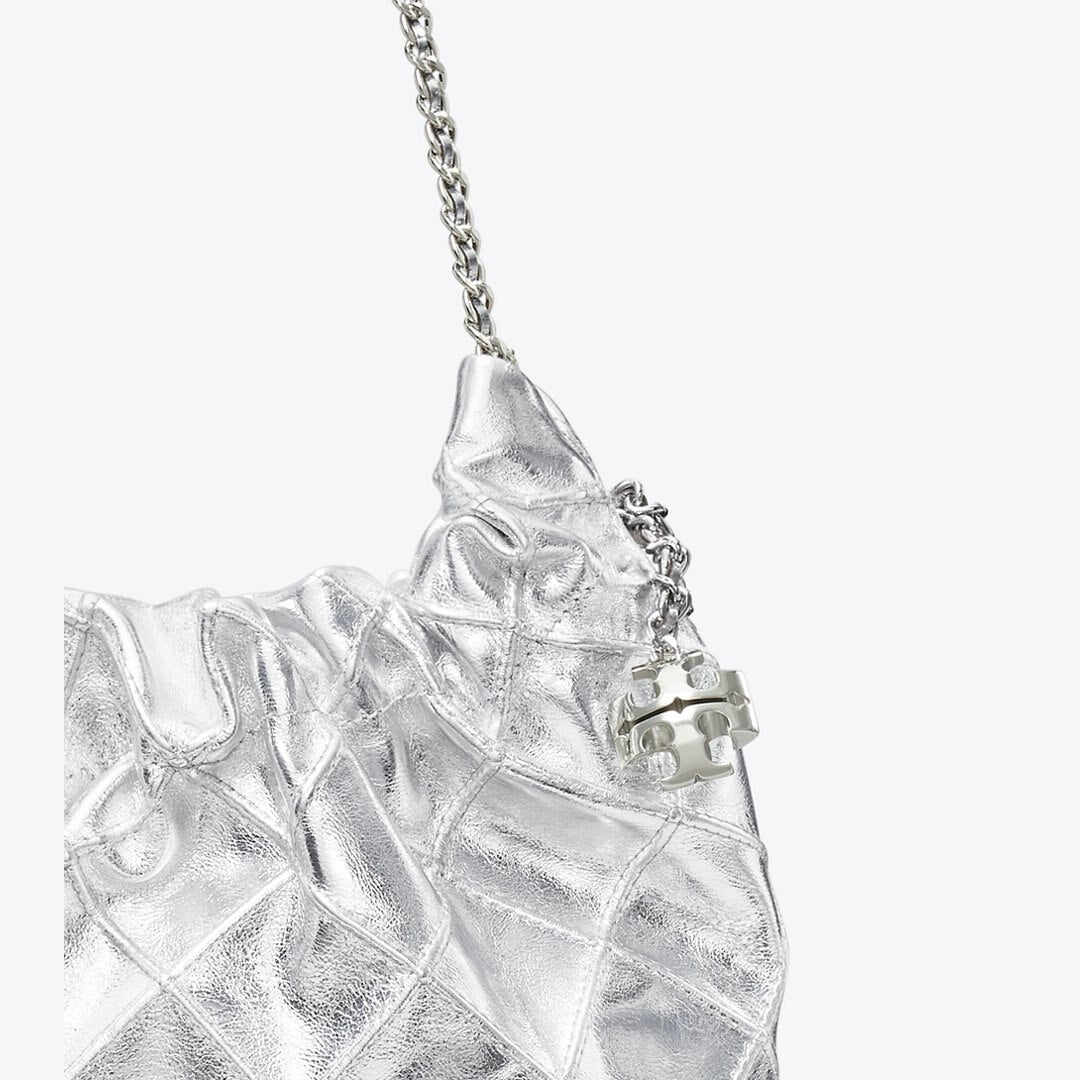 Tory Burch Mini Fleming Metallic Hobo Bag Silver