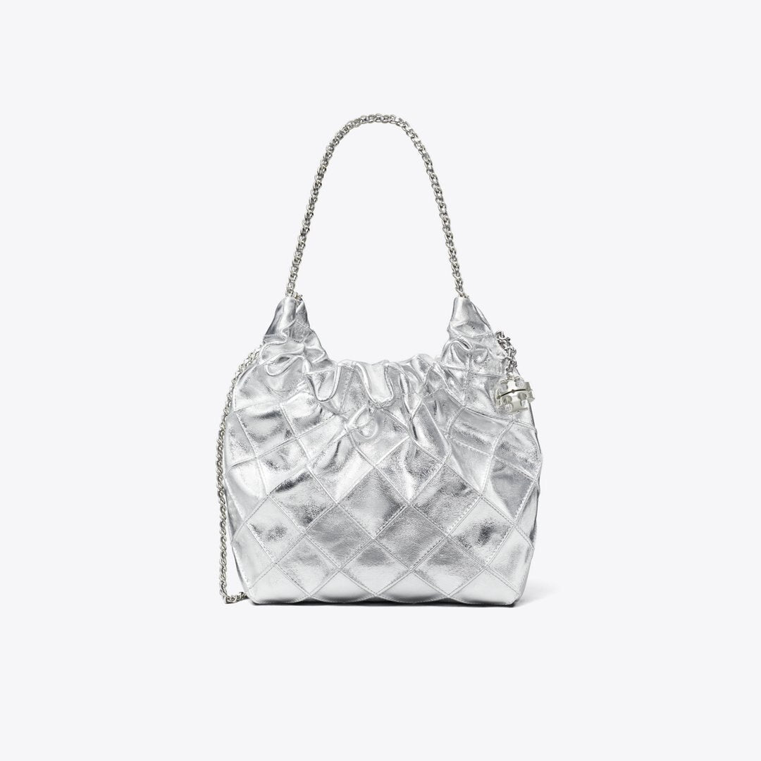 Tory Burch Mini Fleming Metallic Hobo Bag Silver