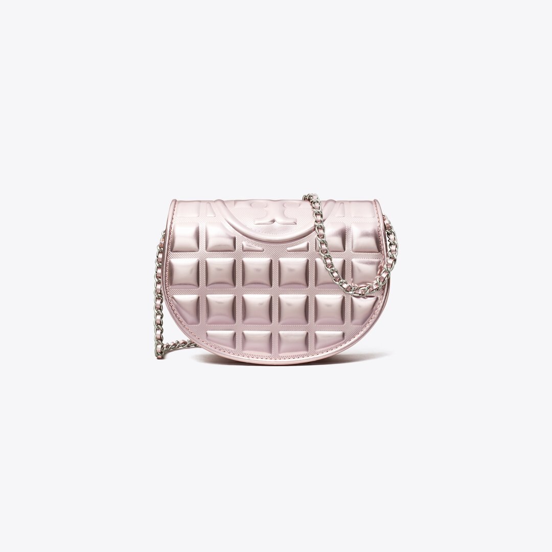 Tory Burch Mini Fleming Metallic Square Quilt Crossbody Sparkle Pink
