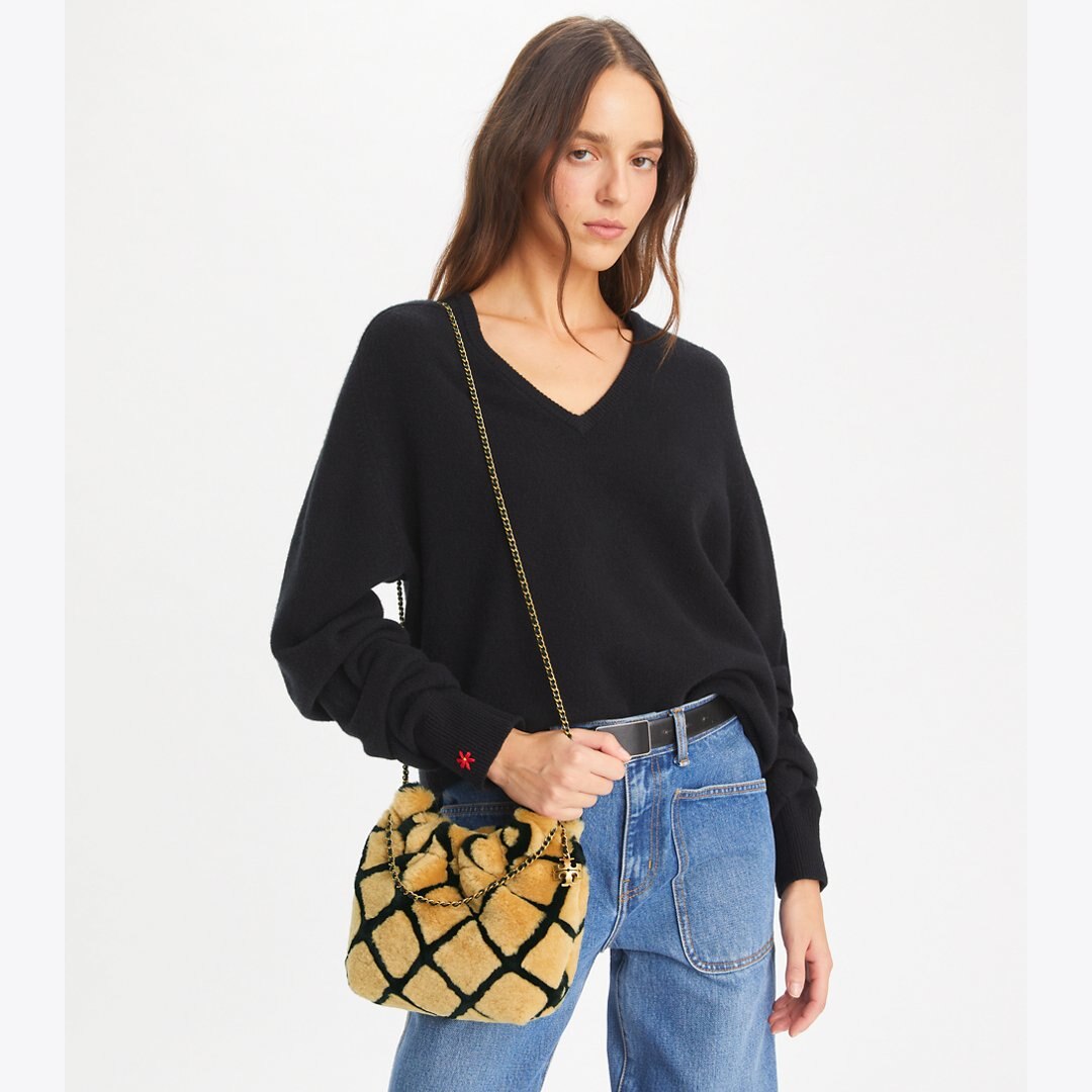 Tory Burch Mini Fleming Shearling Hobo Bag Toffee