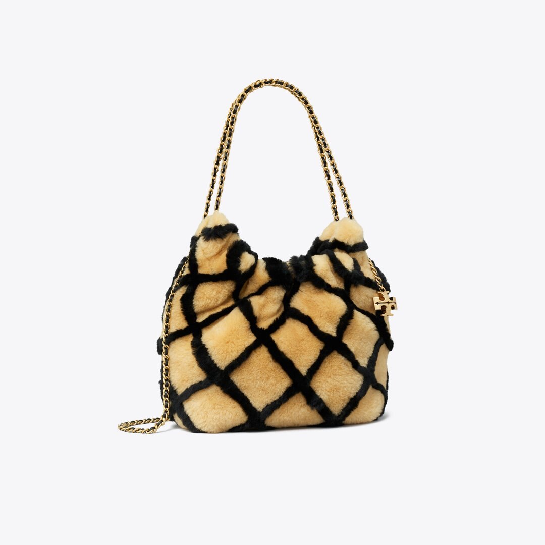 Tory Burch Mini Fleming Shearling Hobo Bag Toffee