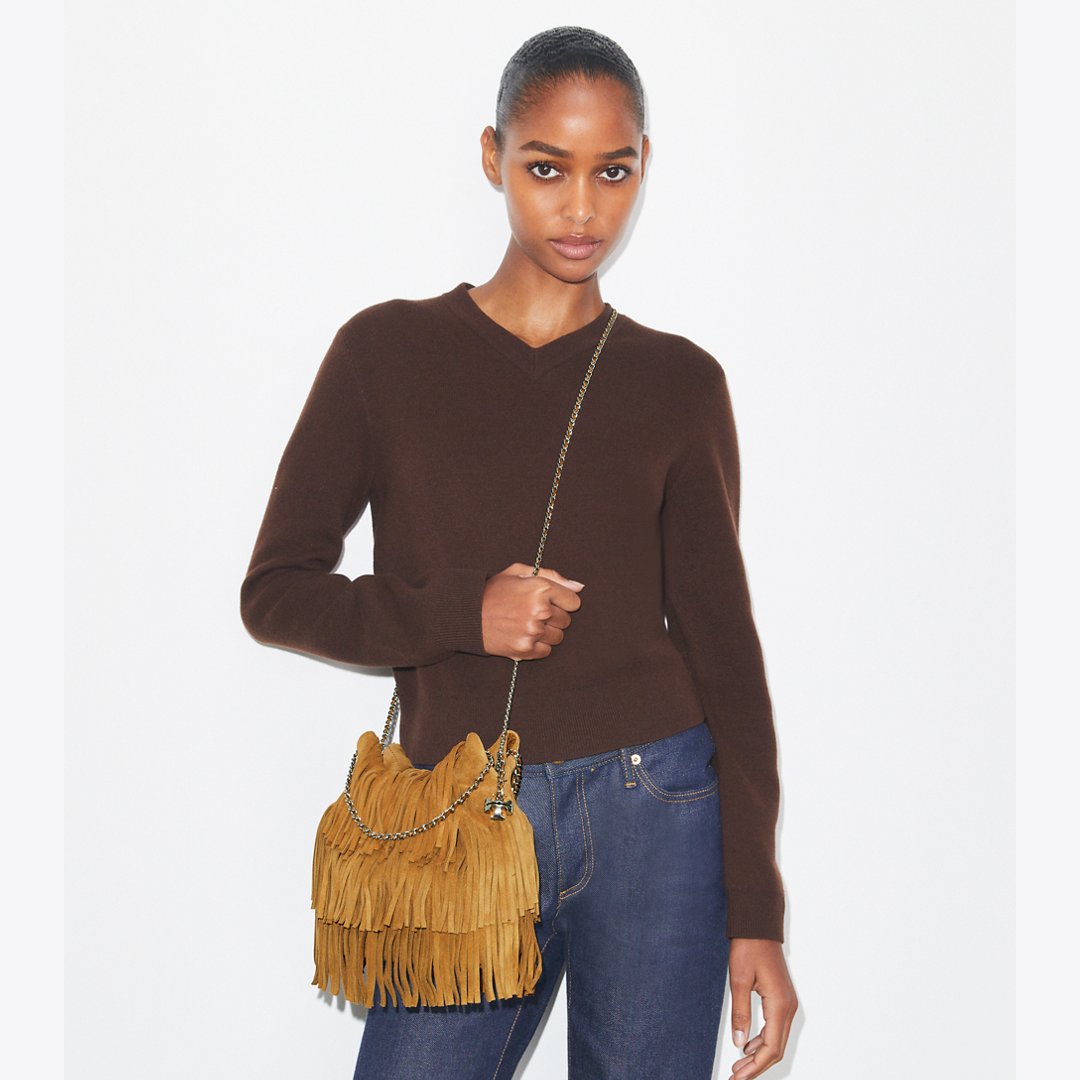 Tory Burch Mini Fleming Suede Fringe Hobo Bag WILD TABACCO