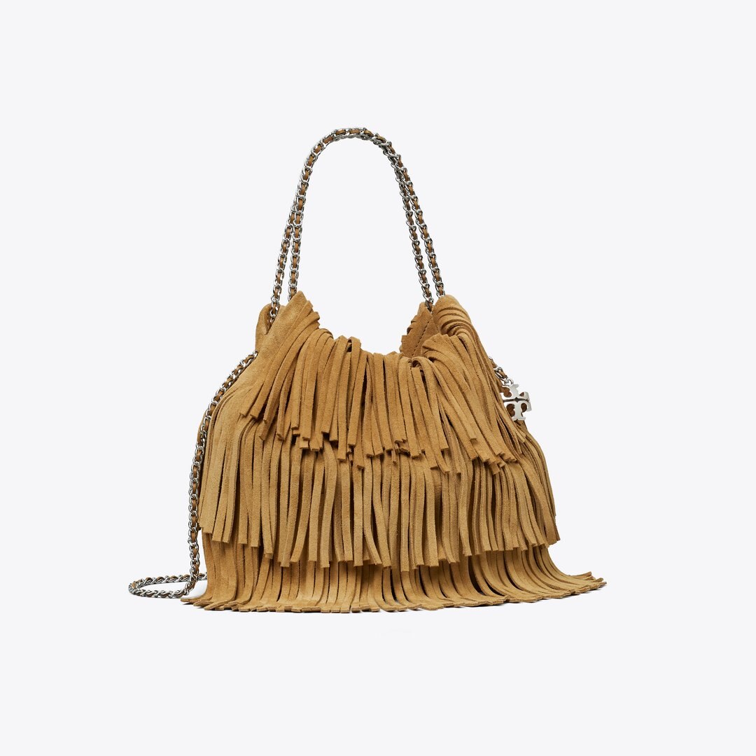 Tory Burch Mini Fleming Suede Fringe Hobo Bag WILD TABACCO