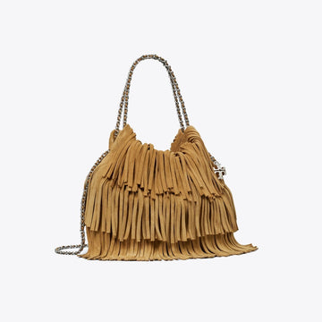 Tory Burch Mini Fleming Suede Fringe Hobo Bag WILD TABACCO