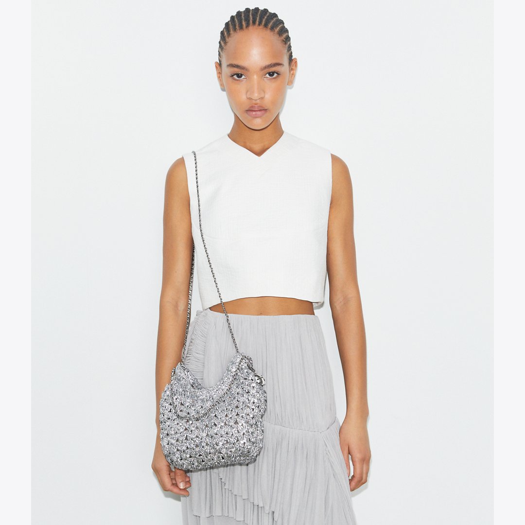 Tory Burch Mini Fleming Woven Hobo Bag Silver