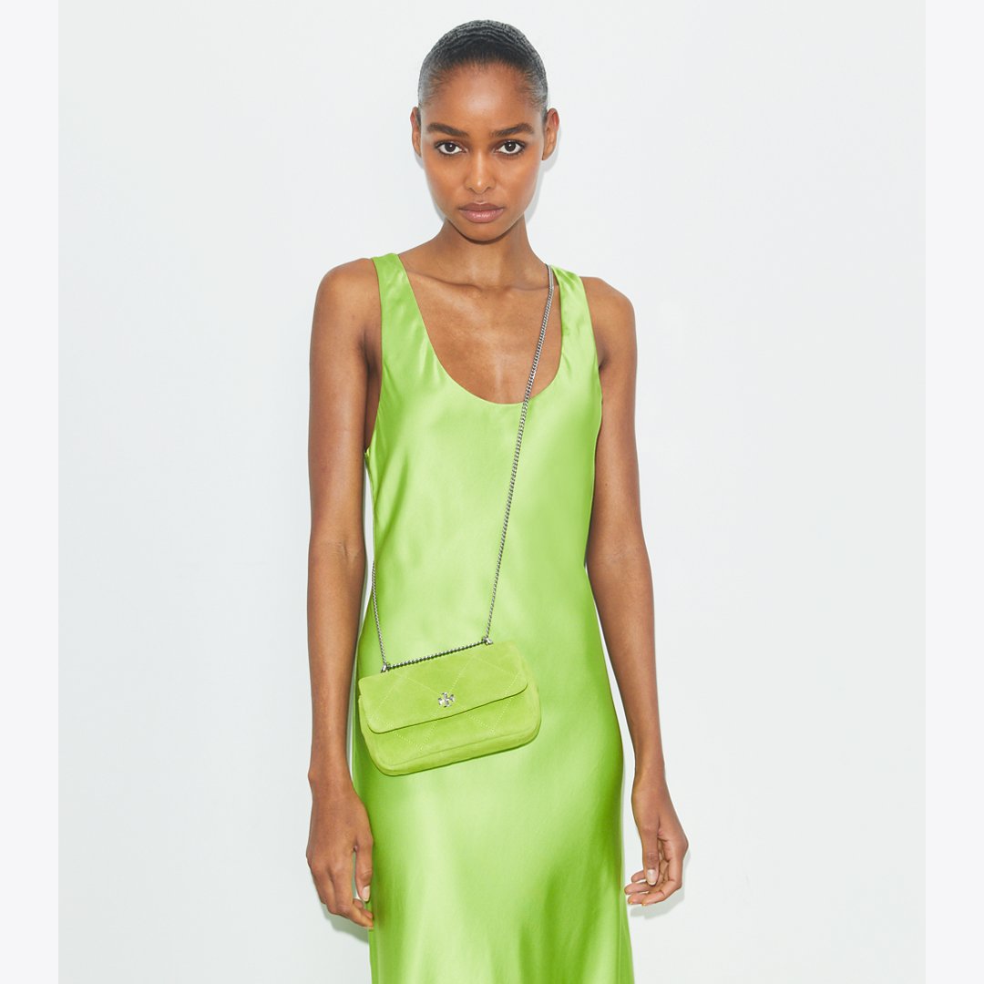 Tory Burch Mini Kira Diamond Quilt Suede Flap Bag Bitter Lime