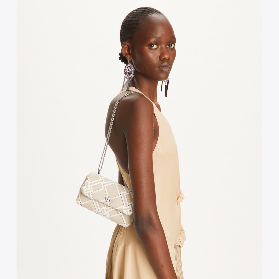 Tory Burch Mini Kira Woven Canvas Flap Bag Natural / Blanc