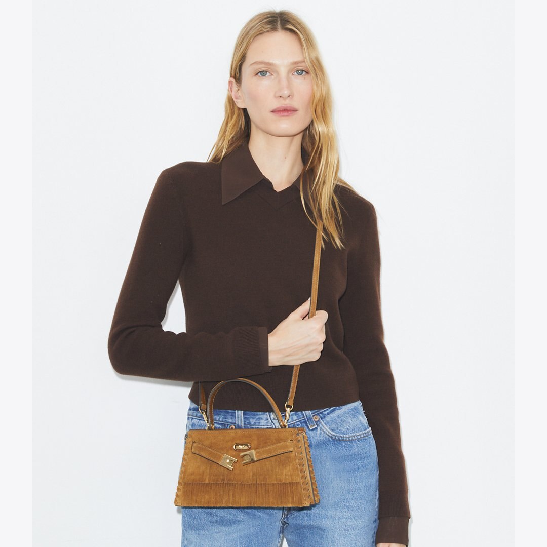 Tory Burch Mini Lee Radziwill Suede Fringe Top-Handle Bag WILD TABACCO