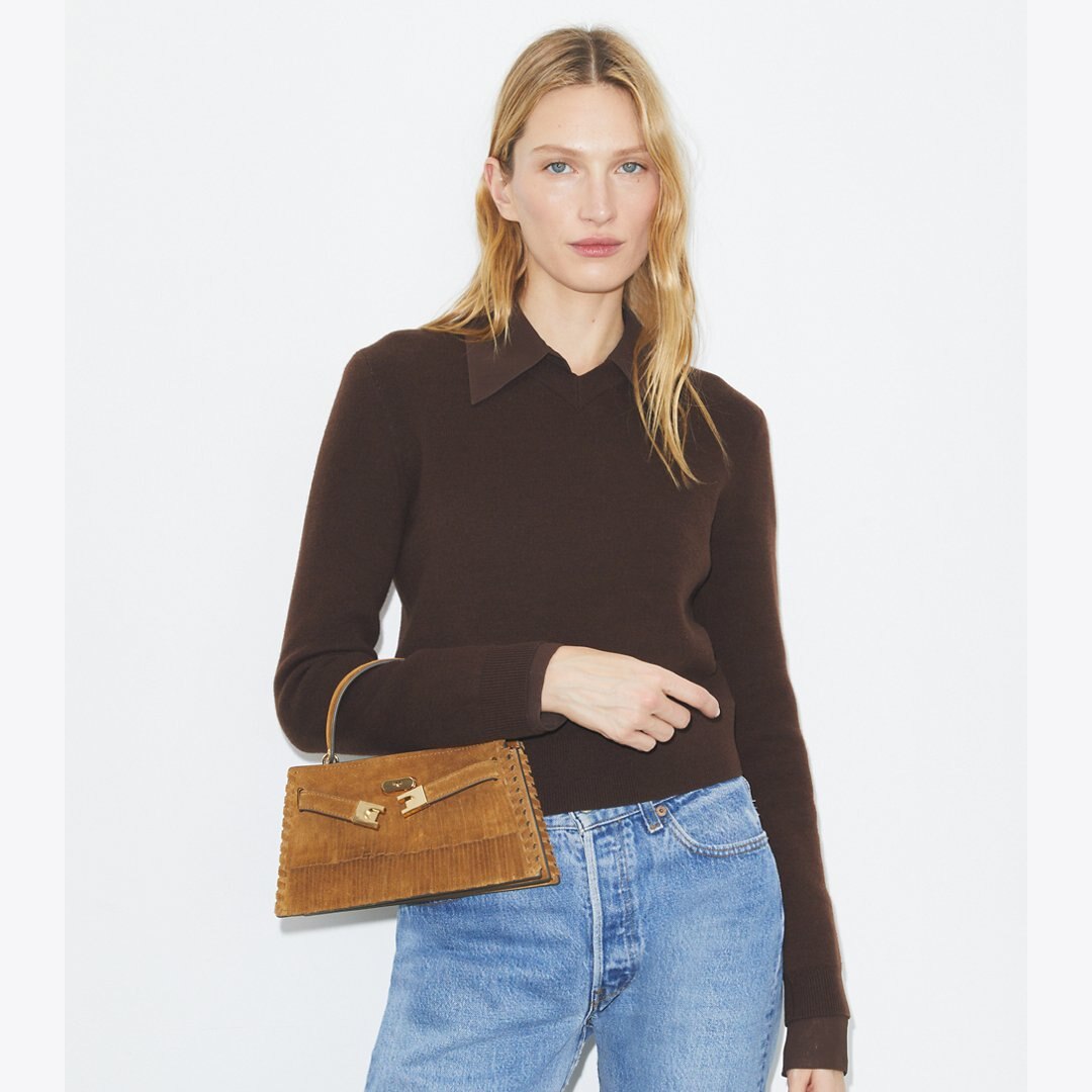Tory Burch Mini Lee Radziwill Suede Fringe Top-Handle Bag WILD TABACCO