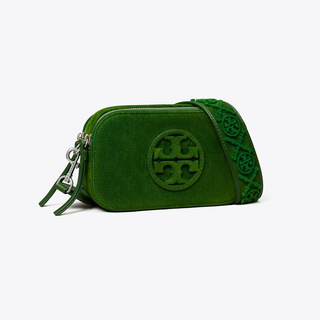 Tory Burch Mini Miller Flocked Crossbody Bag Emerald