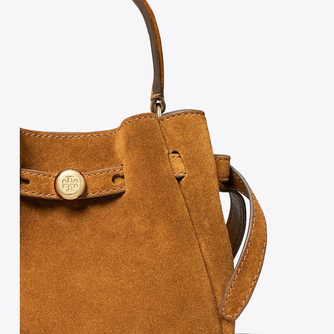 Tory Burch Mini Romy Suede Bucket Bag Caramel