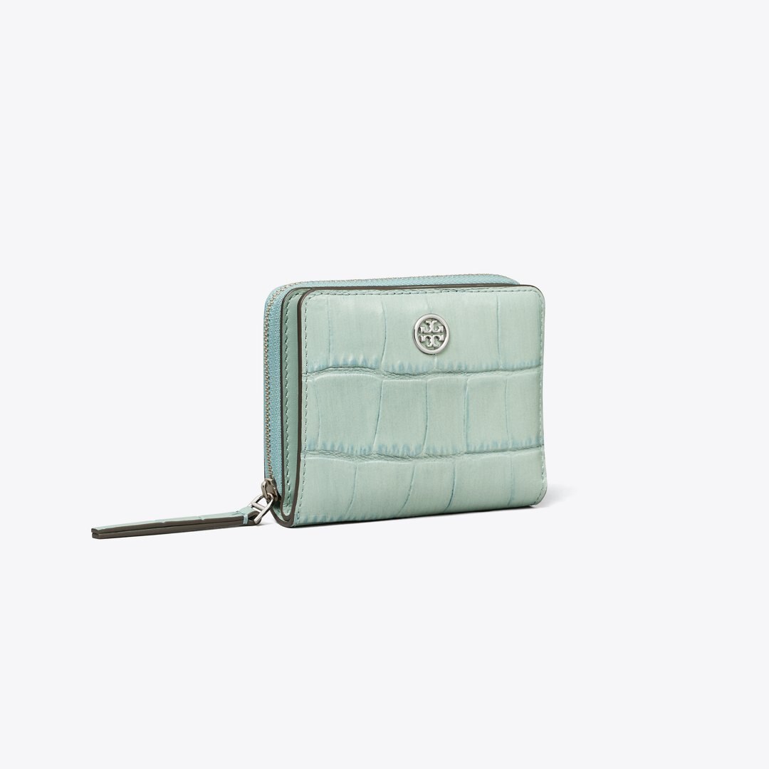 Tory Burch Robinson Croc-Embossed Bi-Fold Wallet Blue Celadon