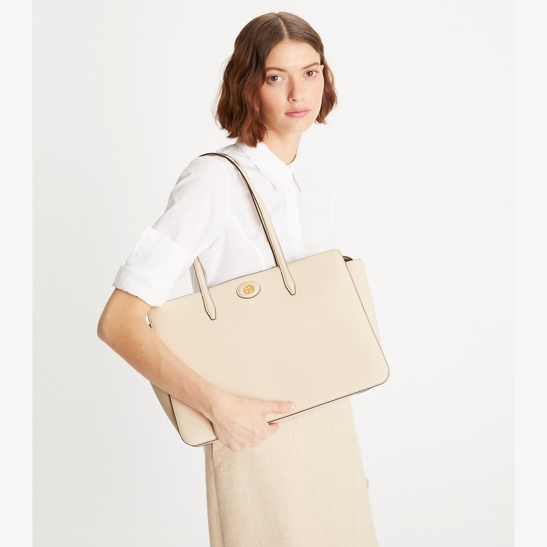 Tory Burch Robinson Pebbled Tote New Cream