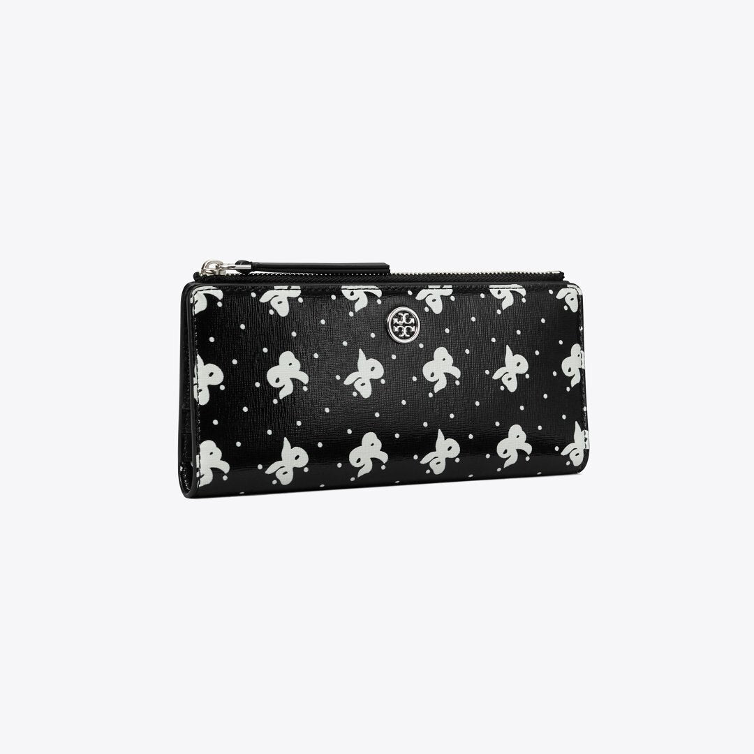 Tory Burch Robinson Printed Zip Slim Wallet Black Tossed Bow