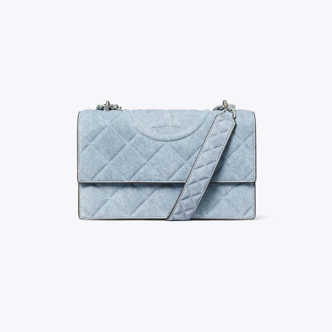 Tory Burch Small Fleming Denim-Print Suede Shoulder Bag Medium Wash Denim