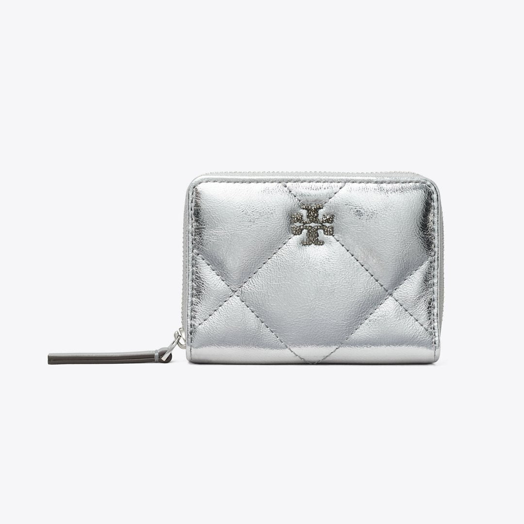 Tory Burch Small Kira Diamond Quilt Metallic Zip-Around Wallet Silver