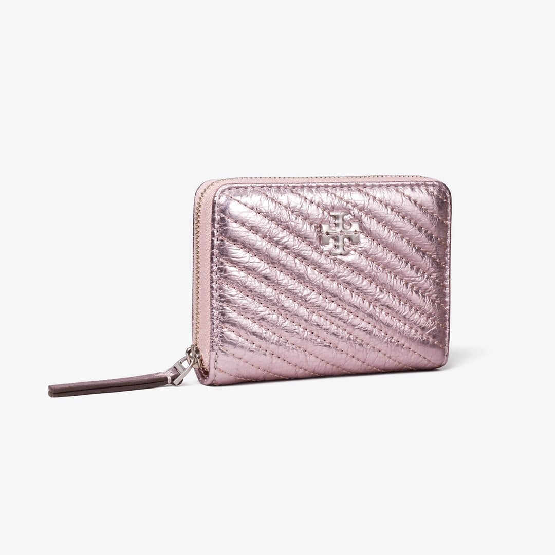 Tory Burch Small Kira Moto Quilt Metallic Zip-Around Wallet Sparkle Pink