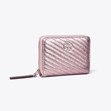 Tory Burch Small Kira Moto Quilt Metallic Zip-Around Wallet Sparkle Pink