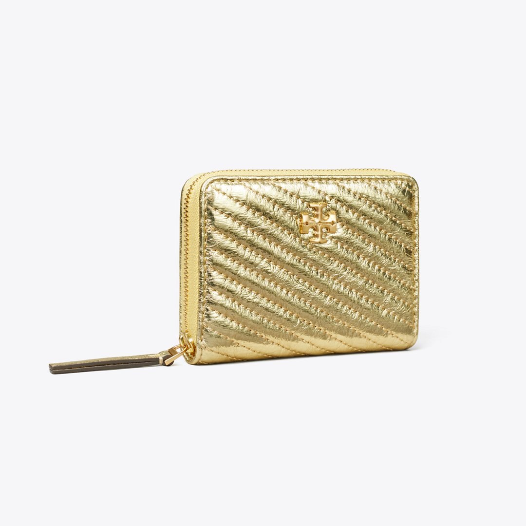 Tory Burch Small Kira Moto Quilt Metallic Zip-Around Wallet Gold