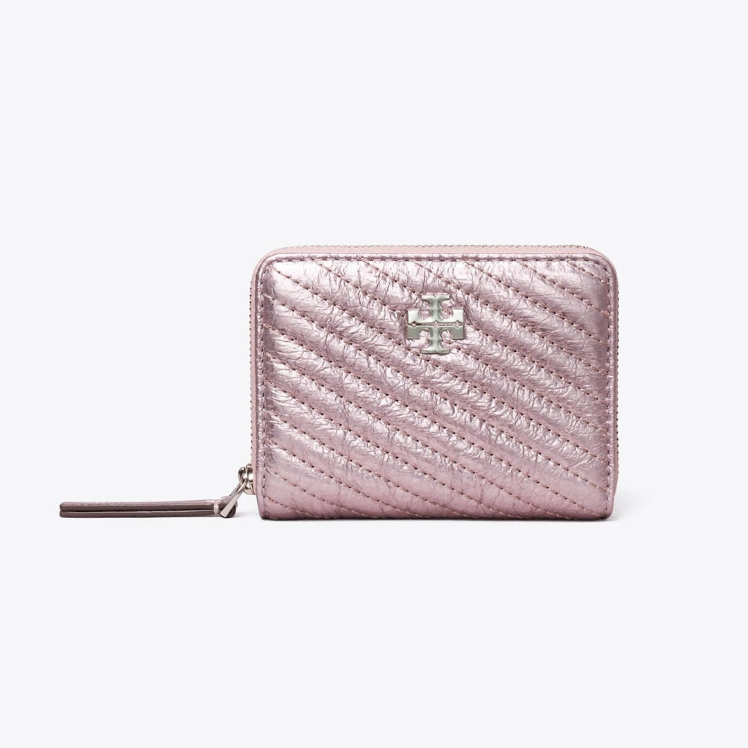 Tory Burch Small Kira Moto Quilt Metallic Zip-Around Wallet Sparkle Pink