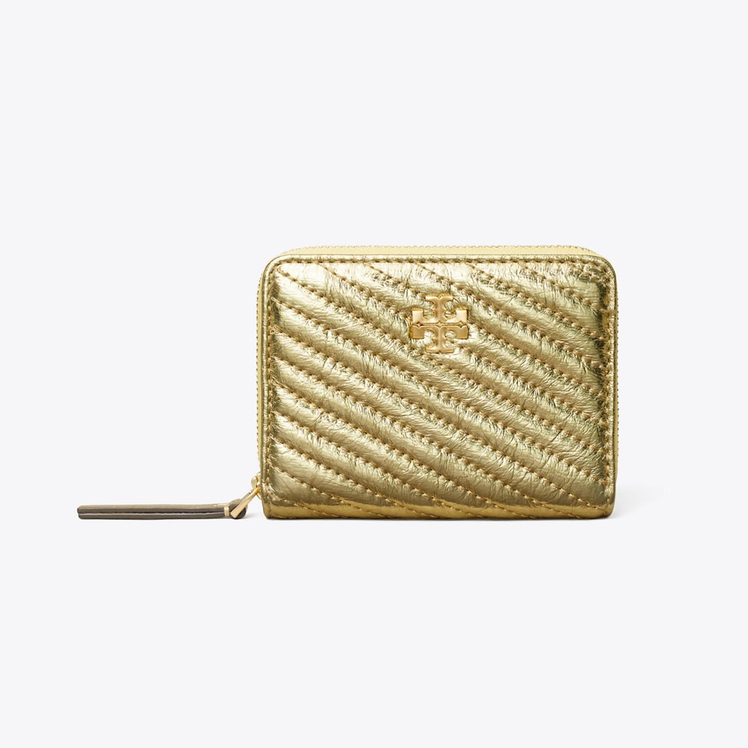 Tory Burch Small Kira Moto Quilt Metallic Zip-Around Wallet Gold