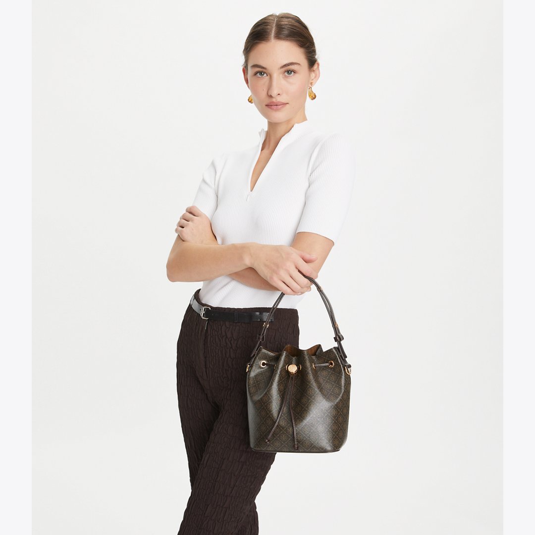 Tory Burch T Monogram Coated Canvas Bucket Bag French Press