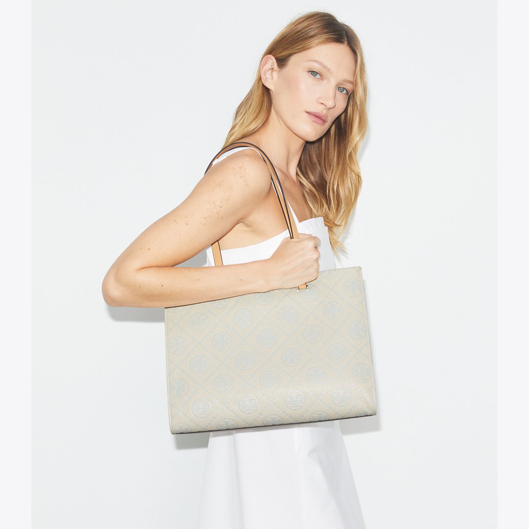 Tory Burch T Monogram Pebble Tote Light Titanium
