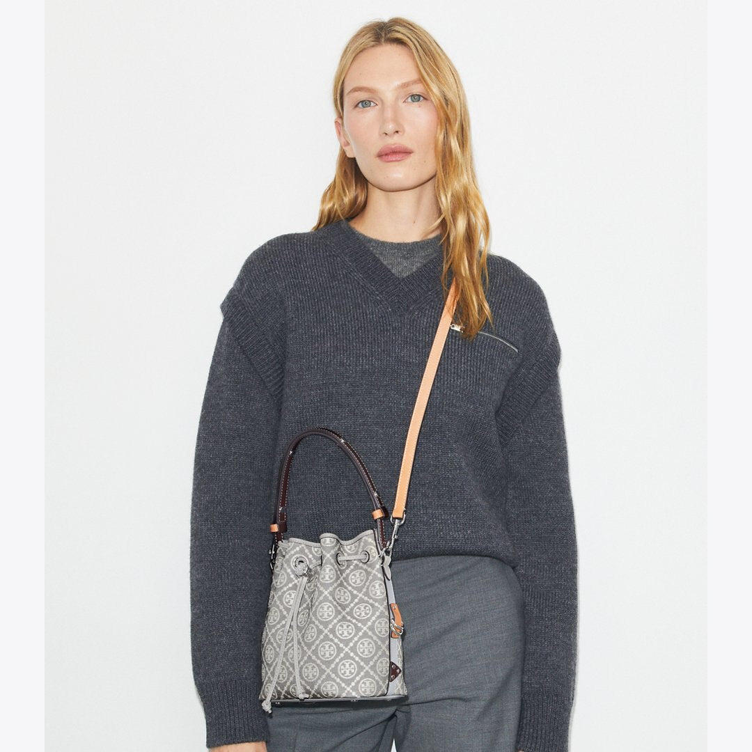 Tory Burch T Monogram Utility Bucket Bag Gray