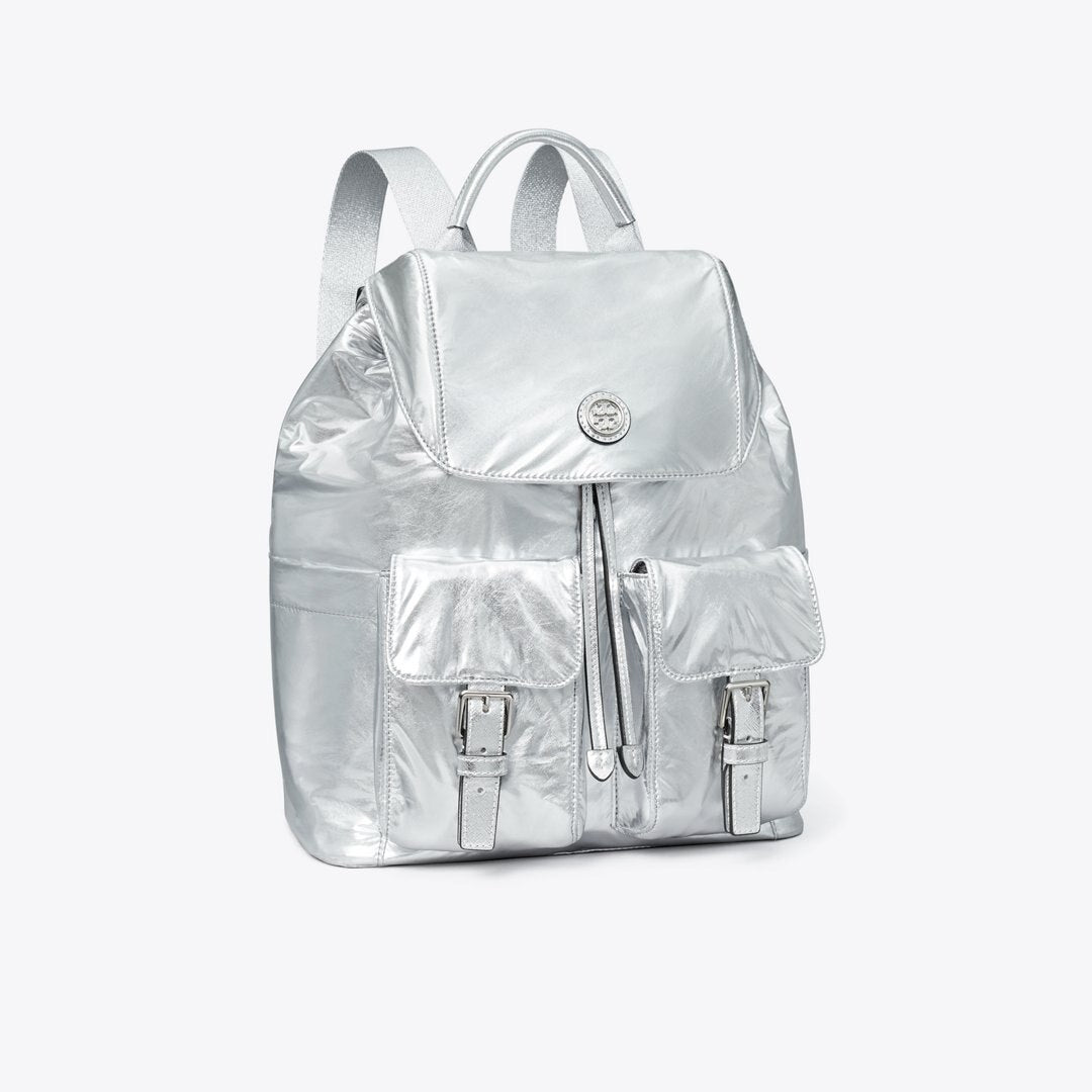 Tory Burch Virginia Metallic Flap Backpack Silver