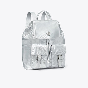 Tory Burch Virginia Metallic Flap Backpack Silver