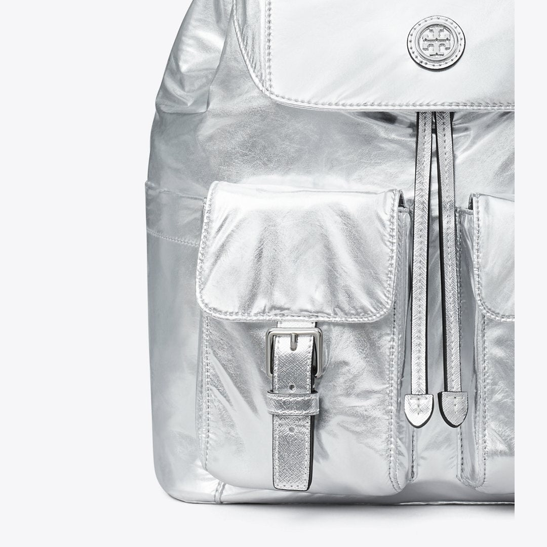 Tory Burch Virginia Metallic Flap Backpack Silver