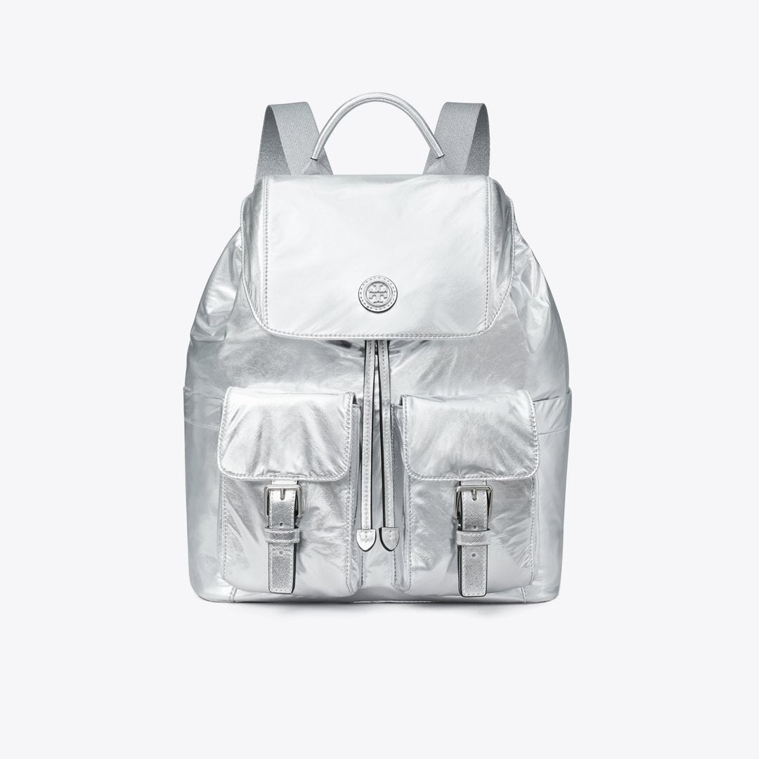 Tory Burch Virginia Metallic Flap Backpack Silver